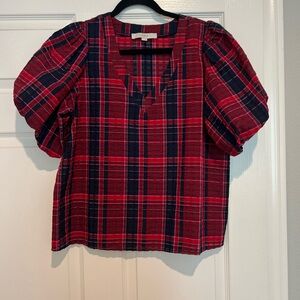 LOFT Red and Navy Plaid V-Neck Top